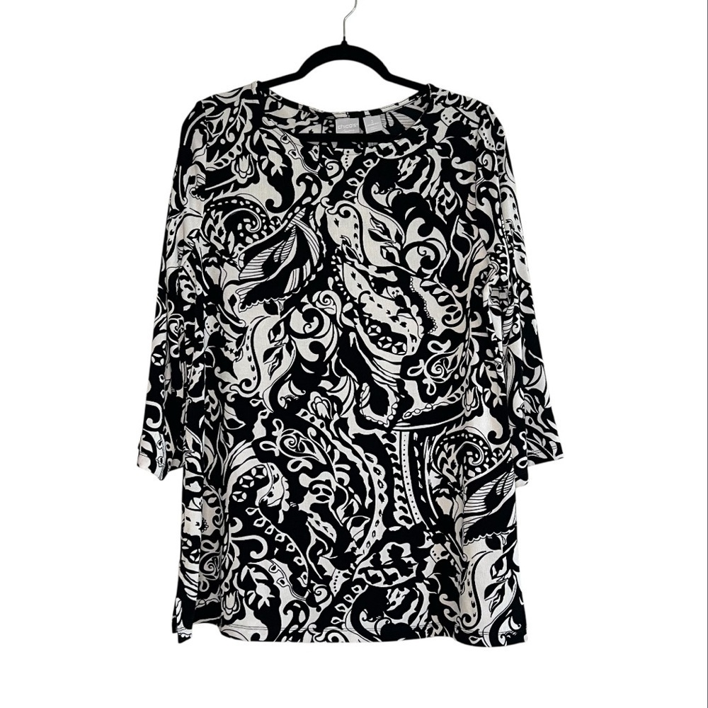 2/$30 Chico's Traveler’s Black and White Boxy Blouse 3/4 Sleeve Chicos size 2= L